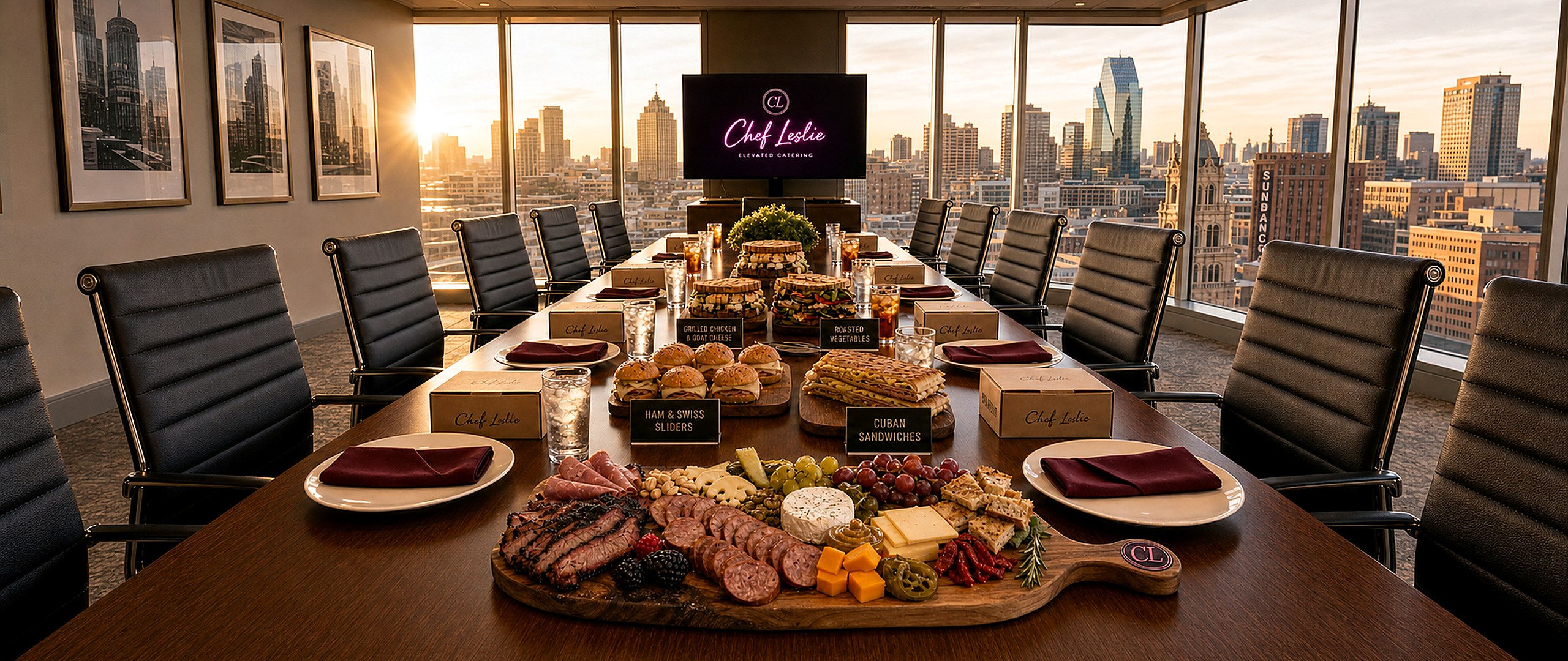 Chef Lesly boardroom catering spread — box lunches, sandwich platters and a Texas-shaped charcuterie board with the Fort Worth skyline at golden hour