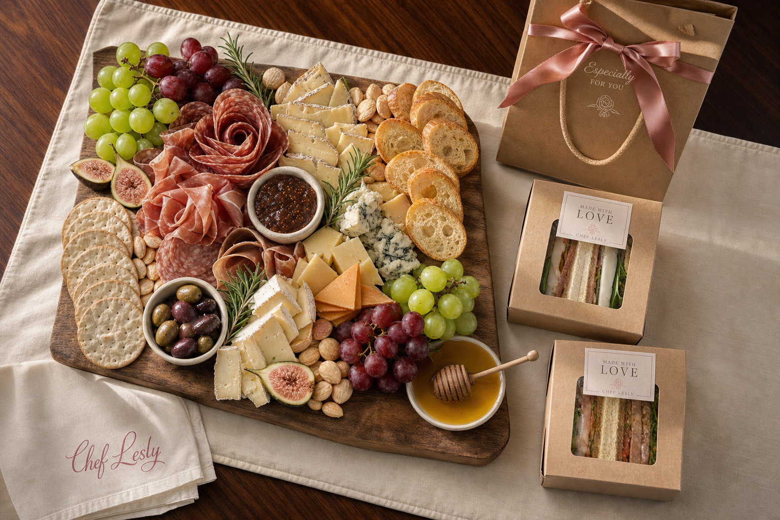 Editorial flat-lay of a Chef Lesly charcuterie spread with cured meats, manchego, brie, bleu cheese, grapes, figs, olives, almonds and honey, alongside two Made With Love sandwich boxes and an Especially For You gift bag