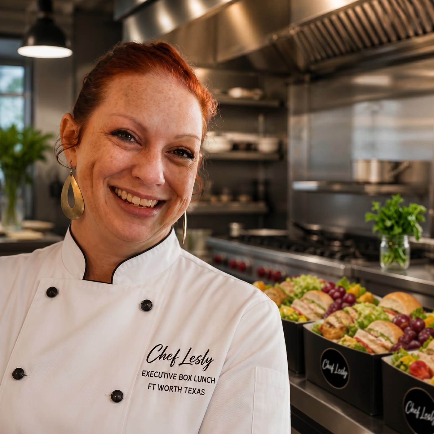 Chef Lesly Lammons in her Fort Worth catering kitchen, wearing a pressed white chef coat embroidered with Chef Lesly Executive Box Lunch, with freshly built sandwich boxes on the stainless prep line behind her