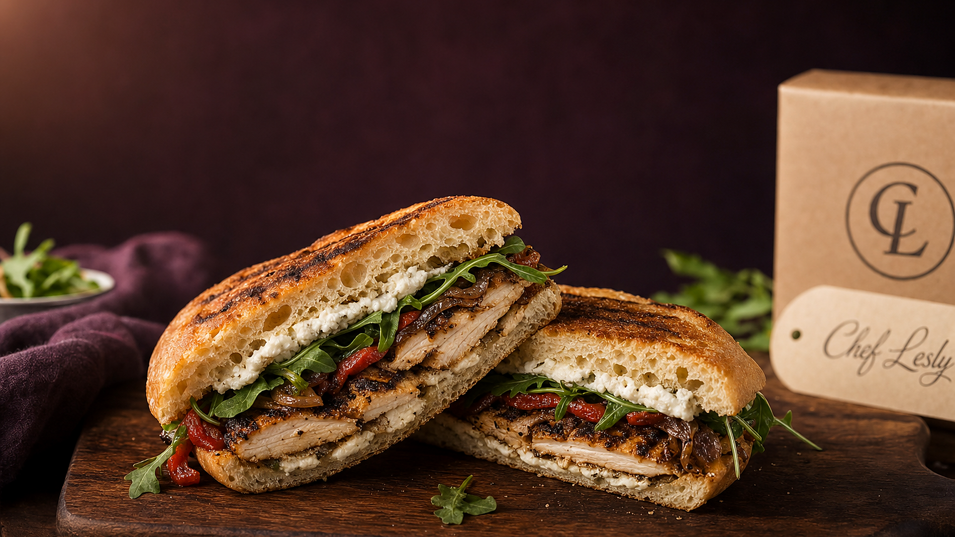 Grilled Chicken & Goat Cheese sandwich on toasted ciabatta