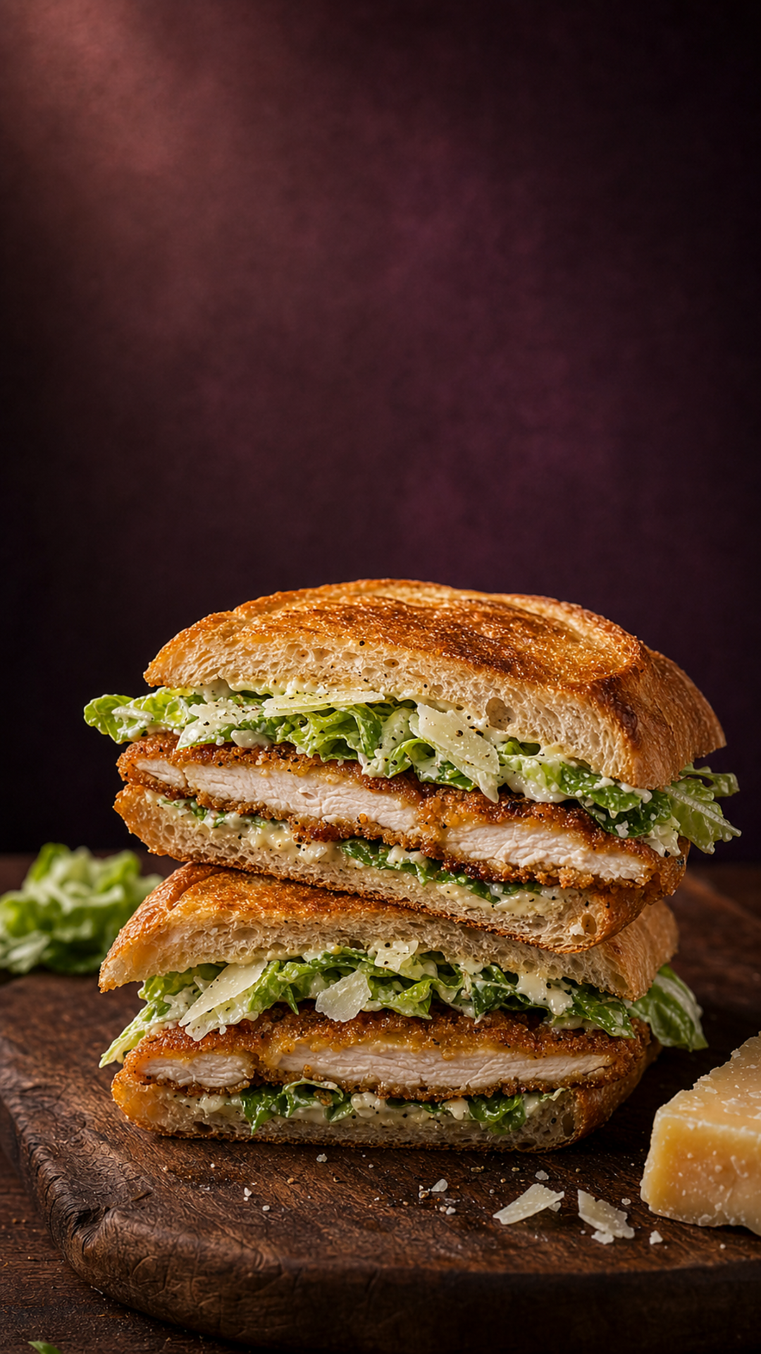 Chicken Caesar sandwich — breaded chicken, romaine, parmesan, creamy Caesar on Italian bread