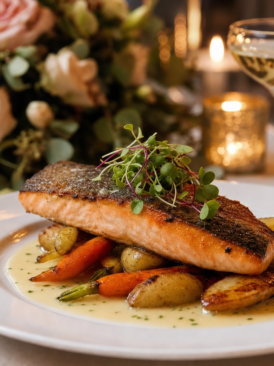 A plated wedding course: seared salmon over roasted baby carrots and fingerling potatoes in lemon beurre blanc, blush roses and candlelight behind