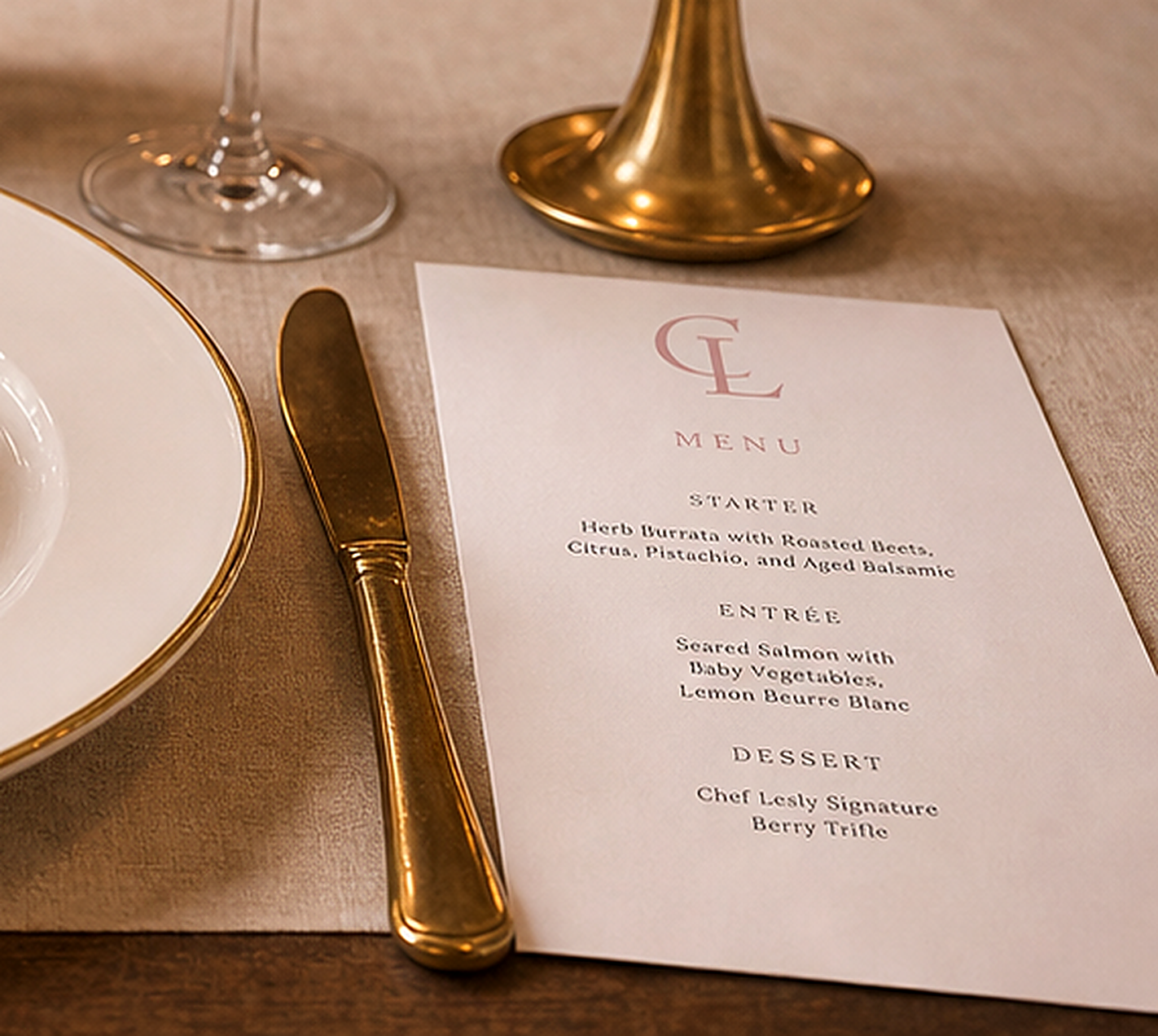 Chef Lesly printed CL menu card with starter, entree, and dessert